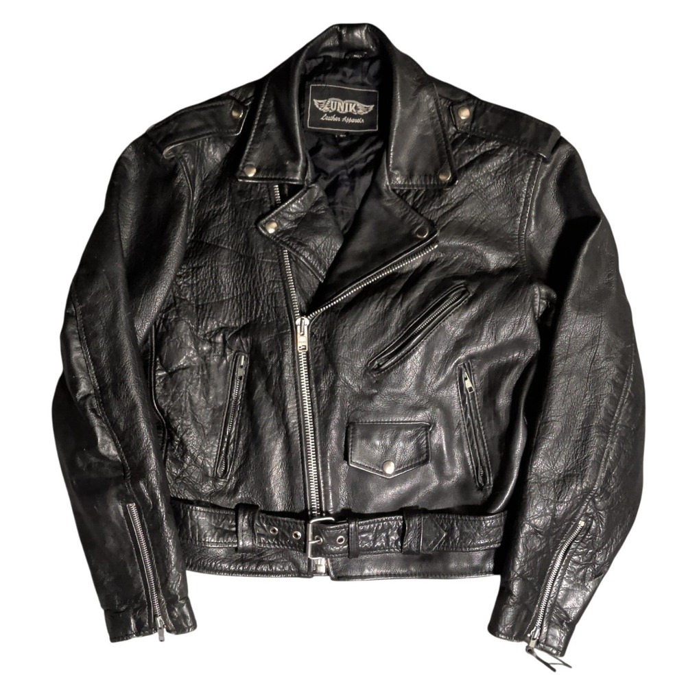 UNIK Leather Apparel Black Leather Motorcycle Biker Jacket Womens Size 40